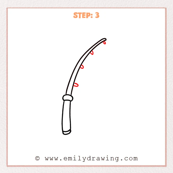how to draw a fishing pole - Fishing pole drawing with a curved rod, handle, and several small oval line guides added along the rod.